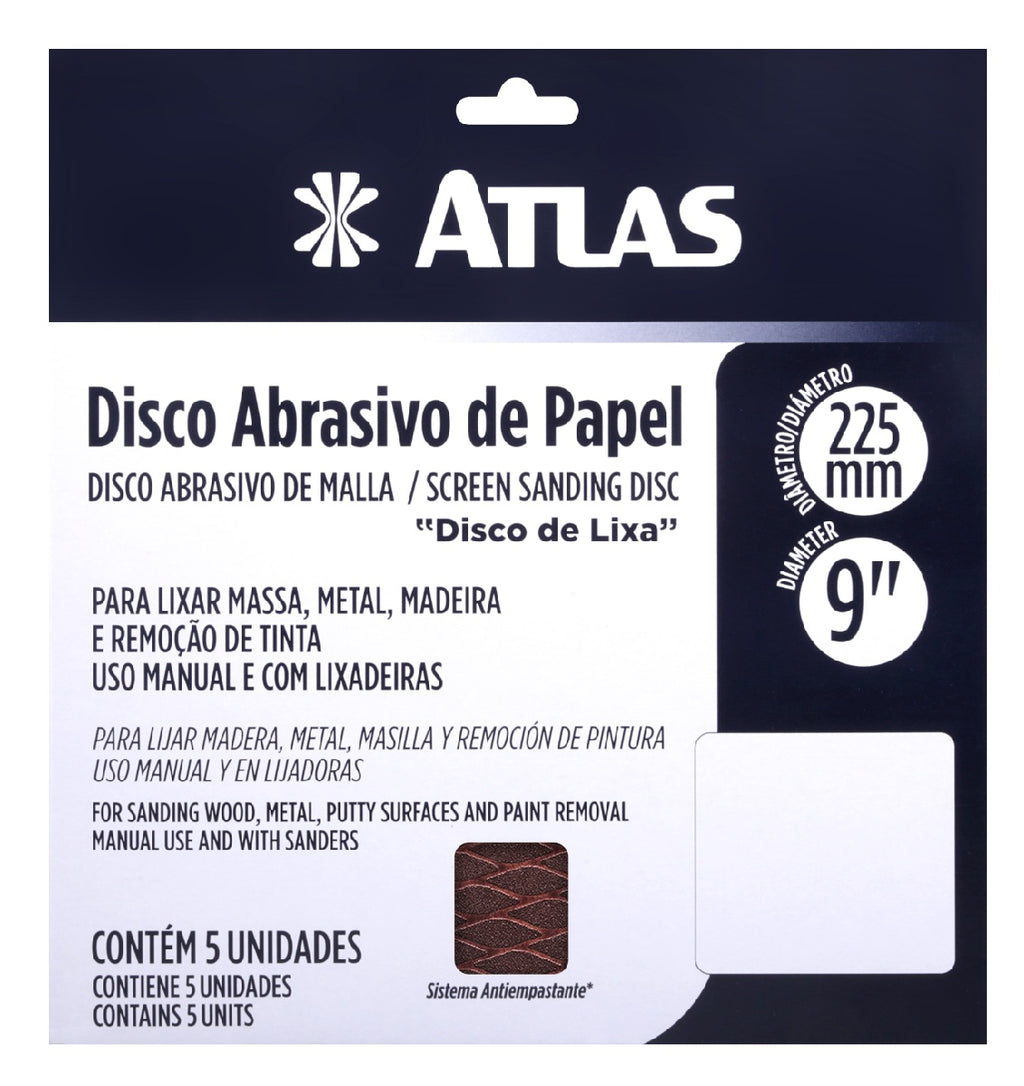 DISCO DE LIXA COM VELCRO 225MM GRÃO 80 KIT COM 5 UNIDADES ATLAS