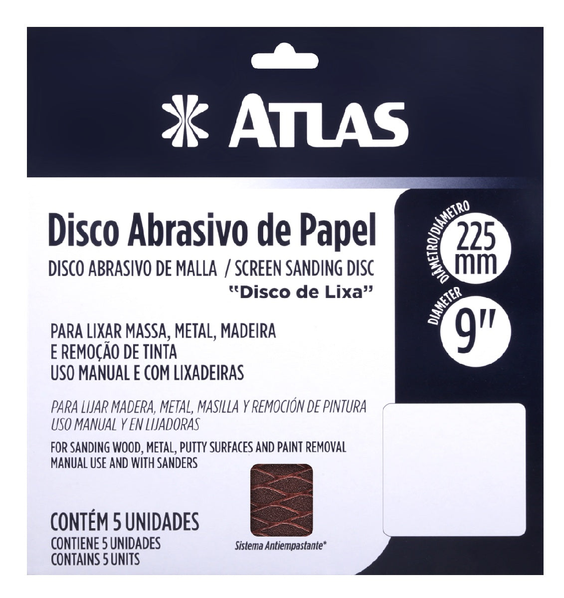 DISCO DE LIXA COM VELCRO 225MM GRÃO 80 KIT COM 5 UNIDADES ATLAS