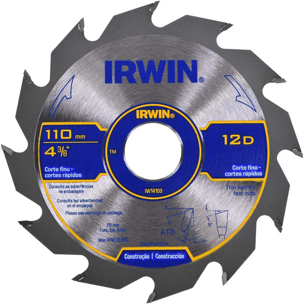 DISCO PARA SERRA CIRCULAR COM VIDEA 110MM 12 DENTES IRWIN