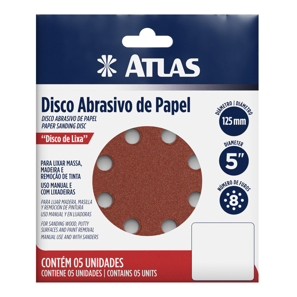 DISCO DE LIXA COM VELCRO 125MM GRÃO 150 KIT COM 5 UNIDADES ATLAS