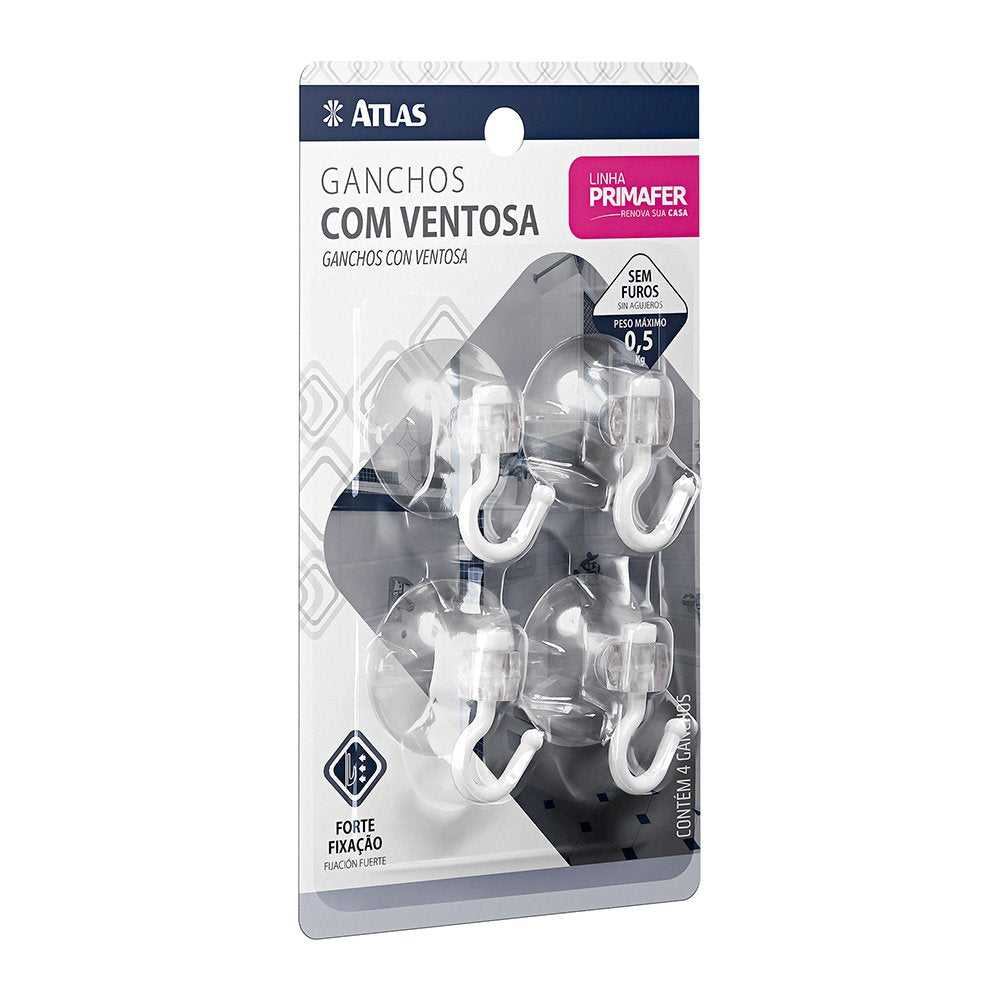 GANCHO COM VENTOSA 4 PEÇAS 0,5KG ATLAS