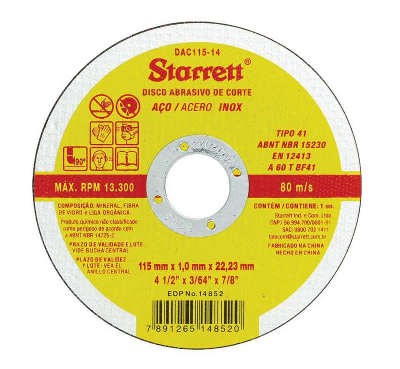 DISCO DE CORTE ACO INOX 4.1/2" 115X1MM STARRETT