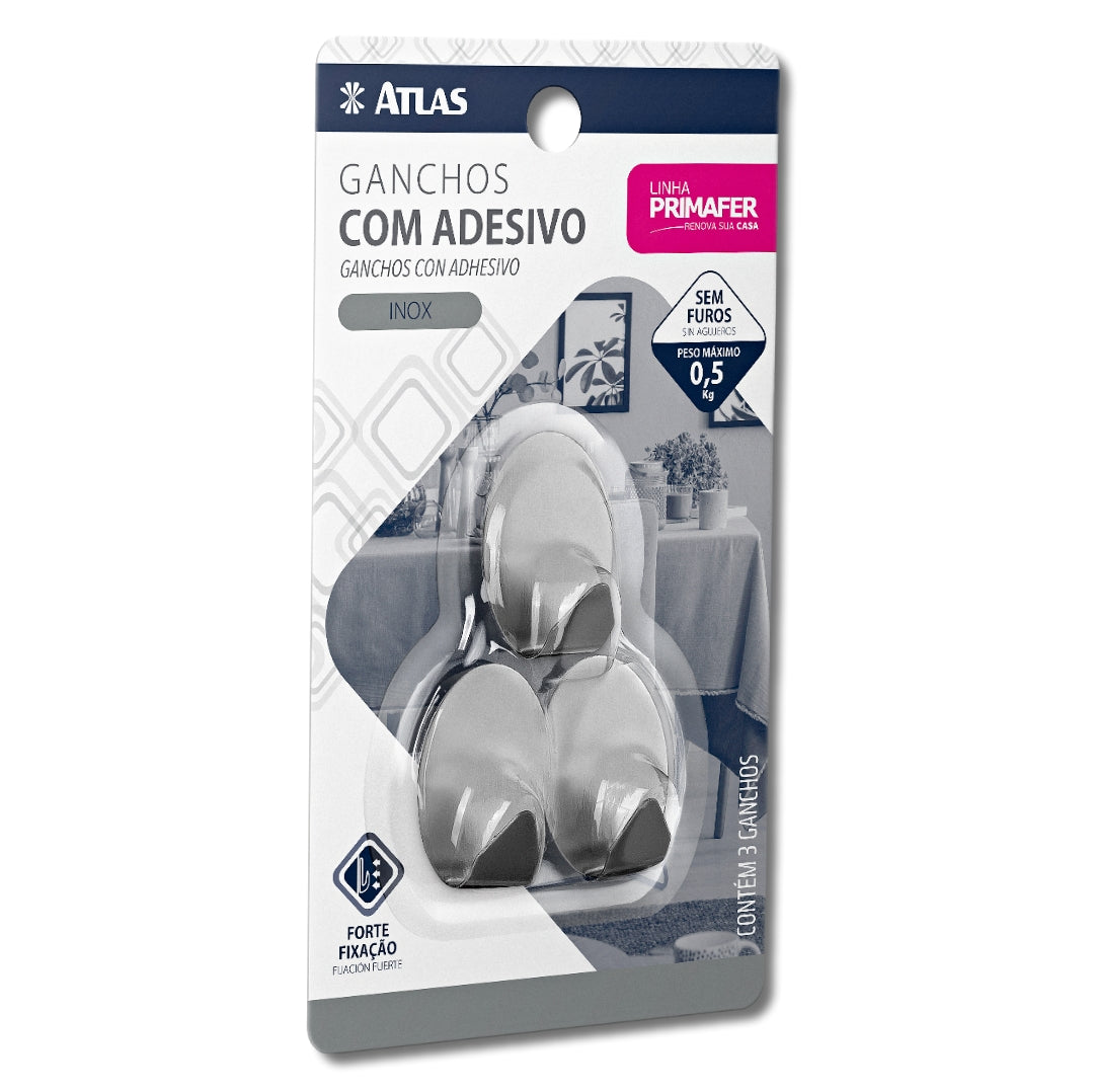 GANCHO DE INOX AUTOADESIVO COM 3 PEÇAS 0,5KG ATLAS