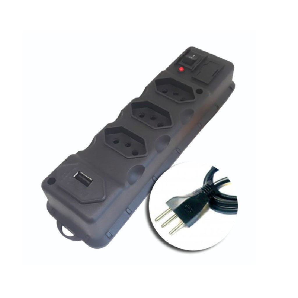FILTRO DE LINHA COM 3 TOMADAS 2P+T E USB PRETO ASANTOS